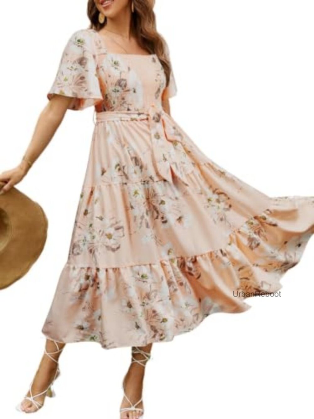 Boho Floral Midi Dress Square Neck Smocked Long Sleeve